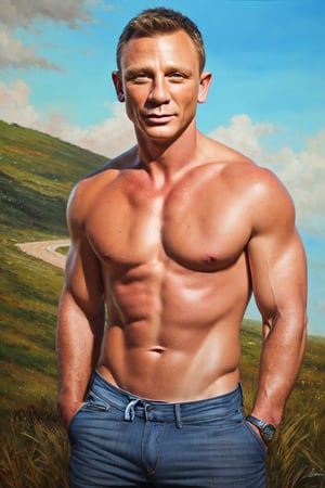 1man, painted portrait of handsome Daniel Craig, upper body, casual wear, unbuttoned shirt, smiling, perfect eyes, flawless likeness, medium shot, outdoor background (ultra detailed, detailed face, masterpiece) concept art, oil pastel painting, insane details and textures, hi_res, 16k,  moody colors, realistic skin tones, old masters style, 2d, (oil painting:1.2) highly detailed