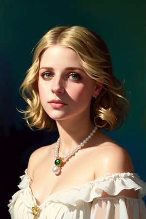 A upper body portrait of a lovely 21 y.o. Sarah Michelle Gellar in a beautiful white dress, Buffy the Vampire Slayer Season 3 hairstyle, blonde hair, pearl necklace, a wonderful candid smile on her lips, flawless likeness, expressive, perfect green eyes, ((perfect realistic eyes)) fantasy, concept art, oil pastel painting , moody colors, warm skin tones, gradient colored background, old masters school, messy style of Malika Favre, Ilya Kuvshinov, Franz Xaver Winterhalter, Alice Pasquin (cel shaded:1.1), 2d, (oil painting:1.2) highly detailed, jeremy mann