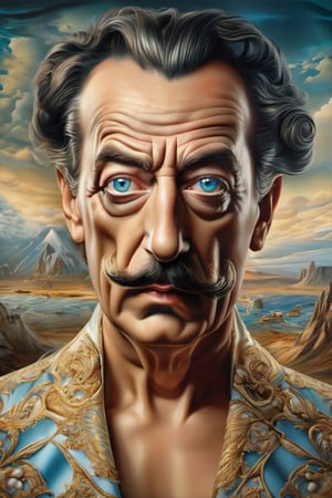 Hyperrealistic art of Salvador Dali frightened and scared with fear in eyes, mad sky hallucination by Mundford, baroque maximalist, chibi by Artificial Nightmares, Stanley Artgerm, Tim Burton, detailed face features, sharp eyes, extremely detailed, photorealistic, highly detailed, organic, dynamic, ultra realistic, high definition, intricate details, crisp quality . Extremely high-resolution details, photographic, realism pushed to extreme, fine texture, incredibly lifelike