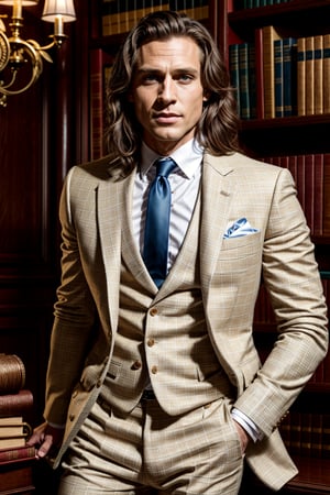 Tarzan back to civilization: a handsome man of the world wearing a tailor-made 3-piece tweed suit, white shirt and a tie, with strong masculine features, leatherlike skin, piercing blue eyes, intense stare, posing in his private office, a sanctuary full of books and memorabilia, volumetric light, particles, hyperrealism, extremely high quality RAW photograph, detailed background, intricate, Exquisite details and textures, highly detailed, ultra detailed photograph, warm lighting, 4k, sharp focus, high resolution, detailed skin, ((perfect eyes)), 8k uhd, dslr, high quality, ((film grain)), Fujifilm XT3, dark studio, Fechin