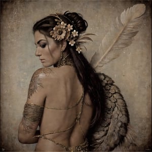 a topless gorgeous muse posing for poster, by xkbx, artistic ,fineart , illustration , artisan, skillfully crafted art, feathers, furs,scales, flowers, back view,  detailed lines and textures 
