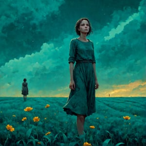 nocturne digital painting ,a  potrait  from below, a figure wandering inflower field, cloudy sky ,grain, solo, standing , female focus ,gritty texture,depth of field , atmospheric,cinematic shot, diagonal perspective , xfrozzx  graphics, sharp contrast ,xfrozzx