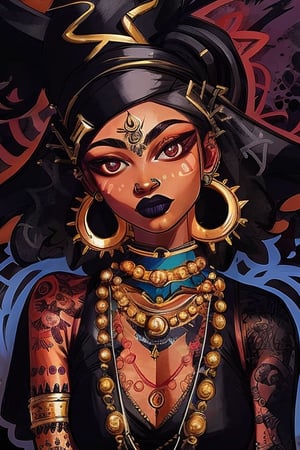  a abstract representative  illustration of babe by justin_c ,uv lighting  , symbolism , tagging ,stanislaw_k, blackwoman ,tatoo, jewelry, make up,