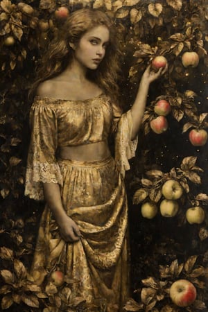 Gold anthotype painting,a gorgeous babe in the garden, apples,grainy painting , starlit , ultra sharp details , chromatography ,fineart painting by xAMAx ,