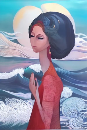 a solitary feminine figure standing near the ocean, waves, curly clouds, olgaz