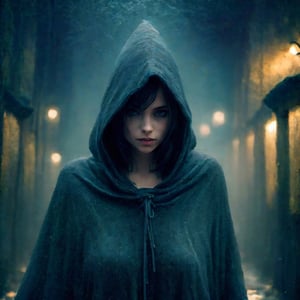 a mysterious skimpy 1girl wandering ,gritted ,gritty texture, cloak, hoodie, dreamy environment , depth of field , atmospheric lighting , xfrozzx quality graphics,