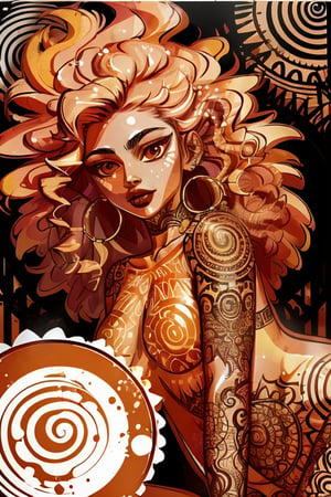 a digital linocut illustrations , a babe with flowing hair striking pose ,body tattoos, diagonal  three-quarter view, orange + latte + black  colors, rural graffiti background , intricate pattern ,in the style of justin_c ,aesthetic 