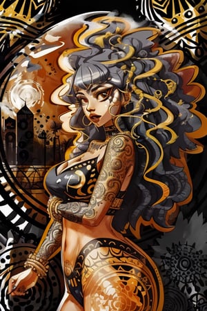 a digital illustrations , a woman figure with long hair striking pose ,body tattoos,  three-quarter view  , orange + latte + gray+ black  colors, rural graffiti background , intricate pattern ,in the style of justin_c ,aesthetic 