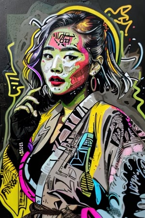 Intricated abbg Potcoll abstract illustration , a female figure wearing kimono, neon backlighting ,  blacklight ,muted colors, gray yellow black accents, explosive backgrounds,abbg background, paperclip, magazine, graffiti, doodles, abbg, 
