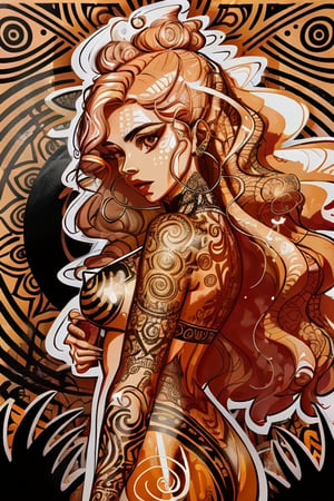 a digital linocut illustrations , a woman figure with long hair striking pose ,body tattoos, diagonal  three-quarter view, orange + latte + black  colors, rural graffiti background , intricate pattern ,in the style of justin_c ,aesthetic 