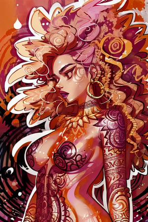a digital illustrations , a woman figure with long hair striking pose ,body tattoos,  three-quarter view  , orange and magenta colors, rural graffiti background , intricate pattern ,in the style of justin_c ,aesthetic 
