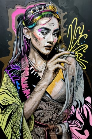 Intricated abbg Potcoll abstract illustration , a sensual female figure wearing kimono, tiara and shotgun, UV neon backlighting ,  blacklight ,muted colors, gray yellow black accents, explosive backgrounds,abbg background, paperclip, magazine, graffiti, doodles, abbg, 