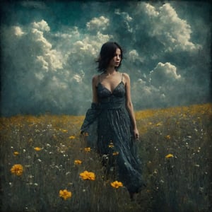 a mysterious skimpy  babe wandering inflower field,adorned by cloud,sky ,grainy ,gritty texture,depth of field , atmospheric,cinematic lighting , xfrozzx  graphics, sharp contrast ,