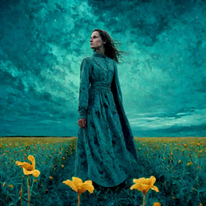 nocturne surreal photography ,a  potrait  from below, a figure wandering inflower field, cloudy sky ,grain, solo, standing , female focus ,grainy and gritty texture detailed ,chromatic ,depth of field , atmospheric,cinematic shot, diagonal perspective , xfrozzx  graphics, sharp contrast ,xfrozzx