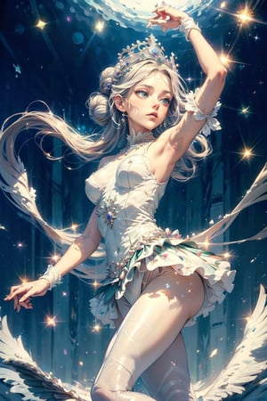 (Masterpiece, best quality, 1 girl, solo), detailed eyes (beautiful emerald green eyes with long and dense eyelashes, long hair (which is decorated with a beautiful crown, hair in a bun, bright purple brown). Lips confident Slightly open, Scene: Classical ballet, the clothes are white dance costumes. Wear ballet shoes, jump on tiptoes, spin, ((windy_white_hair, ballet posture, ballet {{{{Swan Lake}}} posture, ultra_dynamic_angle, dancing)))