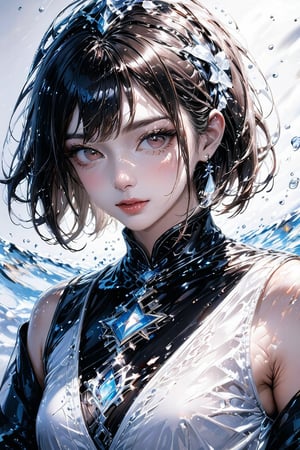 Beautiful girl. She is very badass, she wears a very luxurious outfit. detailed image, detailed skin, upper body, looking at viewer. White background, water drop, ((masterpiece: 1.2)), light particles, ink droplets in background.