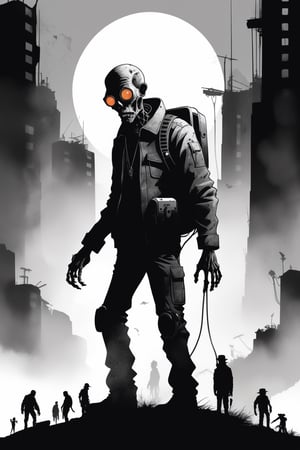 A stylish poster featuring a noir silhouette art style in black & white with watercolor wash, humorous cartoon zombie cyborg holding speakers. He's in a sci-fi setting where the planet teems with diverse creatures. Vector art by renowned artists like Drew Millward and Kilian Eng.