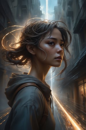 Merging Alejandro Burdisio's touch with Aleksi Briclot's flair, poster perspective, A striking image of an anime woman (whose face is split horizontally:1.4) depicting two different (emotional landscapes:0.9), each reflecting her inner world. In the void between them, a (surreal digital light trail:1.6) moves in (chaotic yet harmonious motion:1.2), connecting and contrasting both sides.






