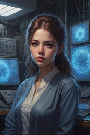 style of Alena Aenami, an exquisite portrait of a woman in which her (countenance is crafted from shimmering electric currents:1.6), placed within the confines of a highly advanced laboratory; intricate machinery and (digital displays add to the scene's complexity:0.7).


