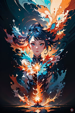 (masterpiece, top quality, best quality, official art, beautiful and aesthetic:1.2), (1girl), extreme detailed,(abstract, fractal art:1.3),colorful hair,highest detailed, detailed_eyes, fire, water, ice, lightning, light_particles, ghost,splash00d