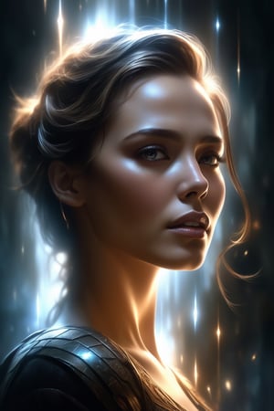 style of Aleksi Briclot, a captivating woman's visage (half-hidden by mesmerizing digital light patterns:1.4) in an enchanting poster composition (up close:1.6), the interplay between her beauty and the random shapes evoking feelings of mystery and wonder.






