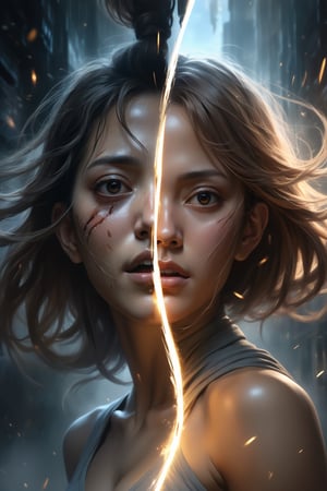 style of Alejandro Burdisio, mixed with Aleksi Briclot, poster format, A close up of a (beautiful anime woman's face split in half:0.9), one side revealing her (inner emotional turmoil:1.2) while the other shows her (resilience and strength:1.4). In between, a (random motion digital light sweep:0.8) traverses through the void, connecting both sides with an ethereal glow.






