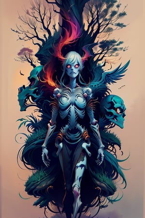 a woman (( banshee)) standing on top of a tree surrounded by birds,  inspired by Aleksi Briclot,  fantasy art,  ((skeleton warrior)),  amazing awesome and epic,  crows,  nagash editorial,  black metal,  witch - doctor,  fantasy photography,  goddess of anger,  the ((angel of death)), colorhalf00d