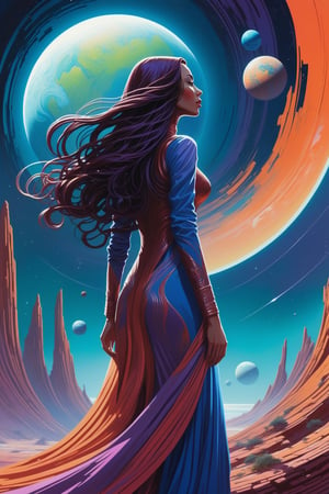 Sci-fi poster in the style of Kelly Freas meets the vibrant colors of Kilian Eng, Close up of a woman with (long, flowing hair cascading down her back:0.5) standing resiliently on an abandoned planet, where random color effects enhance the (surreal atmosphere:1.2).