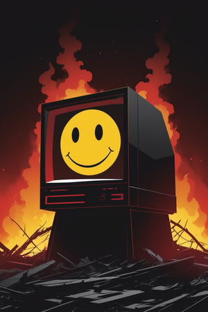 Large vector illustration, (Giant computer silhouette:1.3), Noir art style, Yellow and red color theme, Smiley face on monitor, (Burning wreckage:1.2), Sci-fi setting, Dramatic composition, Minimalist design.