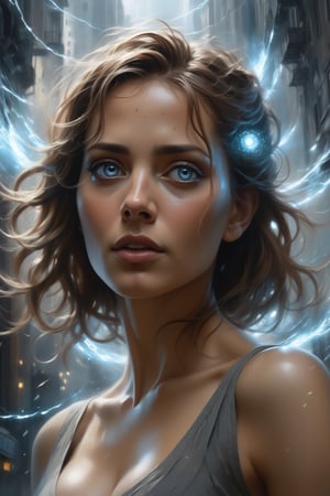 style of Alejandro Burdisio, style of Aleksi Briclot fusion, A close-up poster of a (beautiful woman with mesmerizing eyes:0.9) in the midst of a digital light storm, where (random shapes dance around her:1.3), revealing an enchanting void that surrounds her ethereal beauty.




