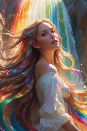Whimsical dreamscape by Krenz Cushart, closeup of a woman with long hair cascading down like a rainbow waterfall, set against a fantastical background of colorful shapes and forms, lit by shifting rays of light.