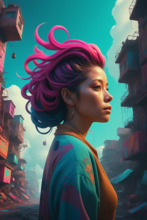 In the style of Mike Winkelmann (Beeple), Poster-style design, Showcasing a woman with cascading hair in a beautifully decrepit place filled with vibrant colors and abstract patterns, as if captured from an alternate reality; incorporate Beeple's unique blend of digital artistry for added depth.