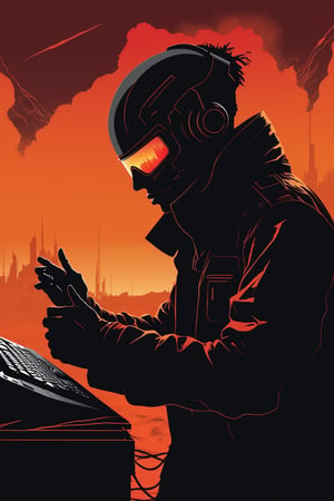 High contrast vector art, (Noir silhouette:1.3), Sci-fi setting, Giant computer, Sad face on monitor, (Orange and red hues:1.2), Burning wreckage, Dramatic composition, (Dystopian atmosphere:1.2).