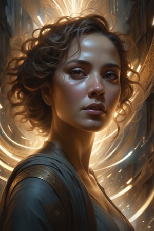 Combining Alejandro Burdisio's style with Aleksi Briclot's flair, A stunning close-up of a woman (whose face is illuminated by sweeping digital light:1.6) amidst an array of (intricate random shapes that form the backdrop:1.2), creating a mesmerizing void filled with pulsating energy and allure.




