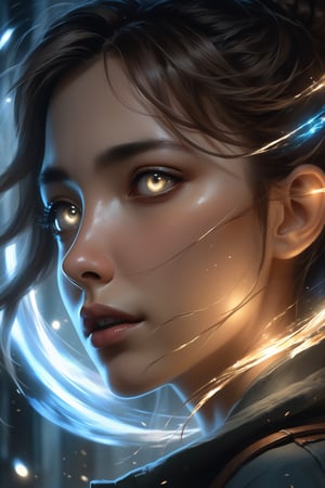  Style of Alejandro Burdisio and Aleksi Briclot, Poster close-up, A beautiful half face of an anime woman with (digital light sweeps:1.5) moving randomly between the void behind her, creating a sense of (ethereal connection:0.7).






