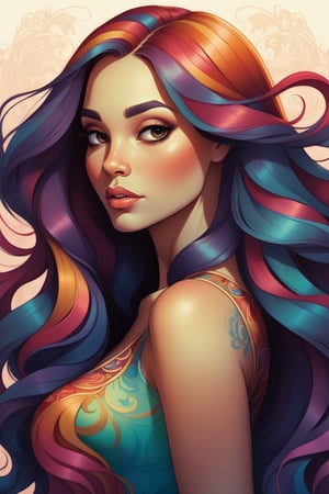 Whimsical Lois van Baarle poster art, highlighting the striking beauty of a woman with long hair in a colorful palette, with intricate details that draw attention to her unique features.