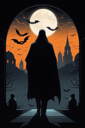 Vector Art, Dramatic Noir Silhouette, Striking Black and Orange Theme, (Skull-like light beam:1.3), Heart-shaped illumination, Bat silhouettes, Crescent moon, (Ghostly figure in distance:1.2), Geometric backdrop, (Chilling atmosphere:1.2), Intricate linework, Bold contrast, Art Deco influences.