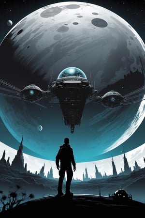 A captivating vector art poster in the Noir Silhouette style, seamlessly blending black and white with watercolor effects. The central focus is a comical zombie cyborg entering a spaceship console amidst a sci-fi setting. The background showcases a planet teeming with otherworldly creatures, all set against the backdrop of the cosmos. Art by renowned creators like Drew Struzan, Yuko Shimizu, Audrey Kawasaki, and Scott Waddel. Trending on ArtStation.