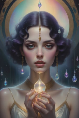  style of Tom Bagshaw, Poster, Close-up, A microscopic woman (delicately holding a drop of water:0.8) that glimmers with (iridescent light and gold accents:1.6), surrounded by an abundance of vibrant colors and swirling water droplets.


