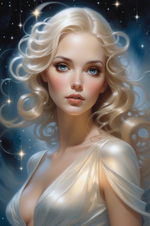 Blending Adam Hughes' dynamic style & Anne Bachelier's dreamy touch, A close-up of an enchantingly beautiful woman, her (eyes reflecting the swirling stars in a bobble light void:1.7), set against the backdrop of twinkling lights and cosmic beauty.



