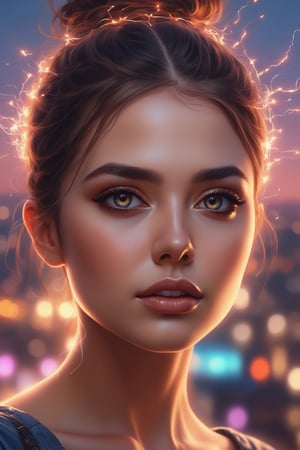 style of Alena Aenami, a (close-up view of an exquisite woman's face:1.7), composed entirely of vibrant and intricate (electrical sparks:2) set against the backdrop of a (futuristic cityscape at sunset:0.5).



