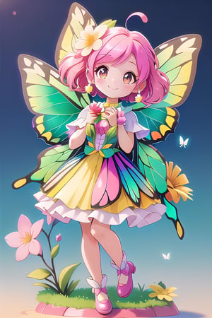 whimsical and adorable character design with a 3D Octane Render effect. The image should feature a wide-angle shot of an extremely cute little flower fairy with a happy expression on her face. She may be holding a flower or butterfly in one hand, wearing a brightly colored costume that complements the natural setting around her,retro artstyle,plastican00d
