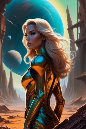 Futuristic poster in the style of Kelly Freas and Kilian Eng fusion, Close up view of a woman with (long, radiant hair:0.6) standing amidst an abandoned planet's ruins, where (dynamic color transitions:1.5) add to the (dramatic ambiance:1.8).
