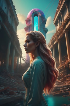 Style of Mike Winkelmann (Beeple), Digital collage, Poster art, Close-up composition, Depicting a woman with long, flowing hair standing amidst an abandoned yet stunning architectural wonder, featuring random color effects and surreal lighting elements to create depth and intrigue.