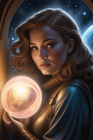Combining styles, Alayna Lemmer and Al Williamson, poster close-up, A woman (embraced by the warmth of a bobble light void:1.2), with her mesmerizing gaze drawing you into an enchanting world where fantasy meets sci-fi in this breathtaking composition.



