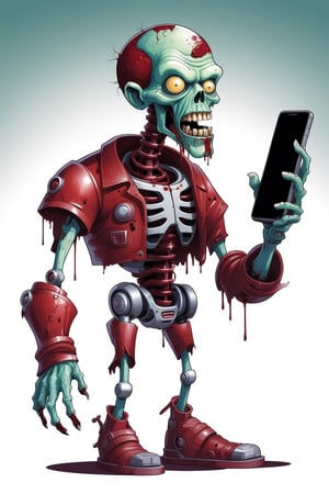 A captivating vector art poster featuring a humorous cartoon zombie cyborg with a cellphone, sporting dark red and white colors. It incorporates a watercolor effect, showcasing an imaginative sci-fi world where a planet is home to diverse creatures. By artists like Glauber Kotaki, Scott Campbell, and Joaquin Baldwin.