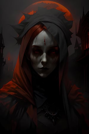 creature00d, A hauntingly beautiful portrait of a woman with fiery red hair, shrouded in an eerie fog, set against the backdrop of a gothic mansion at dusk