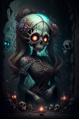 A stunning female figure with flowing locks composed entirely of vibrant flora sways gracefully through the ethereal atmosphere. Her radiant beauty illuminates her eerie surroundings; a nightmarish realm populated by ghastly skulls and decrepit structures fashioned from sand. The ghostly ambiance casts an ominous hue over this surreal scene, further accentuating the contrast between the serene beauty of the woman and the grotesque horrors that lurk in every dark corner, random00d, plastican00d