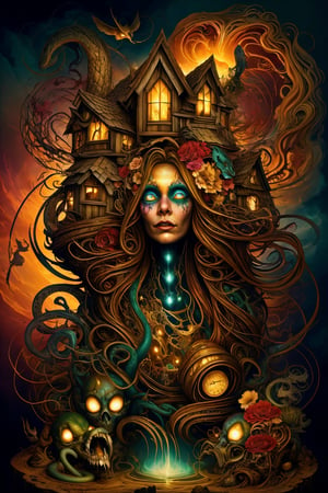 In this surreal tableau, a beautiful woman adorned with a flowing hair cascade of vibrant flowers is seen swirling through the air. The ambient light surrounding her glows like molten gold. This breathtaking vision takes place within an otherworldly dreamscape where horror surrounds on all sides; snakes slither around her, their eyes aglow with menace. Old abandoned houses built from sand loom ominously in the background, casting long shadows that dance macabrely to the rhythm of time. It's a scene etched onto one's mind forevermore - an unforgettable spectacle of dream and nightmare combined, colorhalf00d, surreal00d