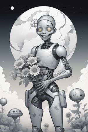 Funny cartoon black & white vector art poster, watercolor wash effect. Zombie cyborg character holding flowers with a smile, futuristic sci-fi planet inhabited by various creatures in the background. Art by James Jean, Joanne Galvani, and Audrey Kawasaki. Trending on ArtStation.